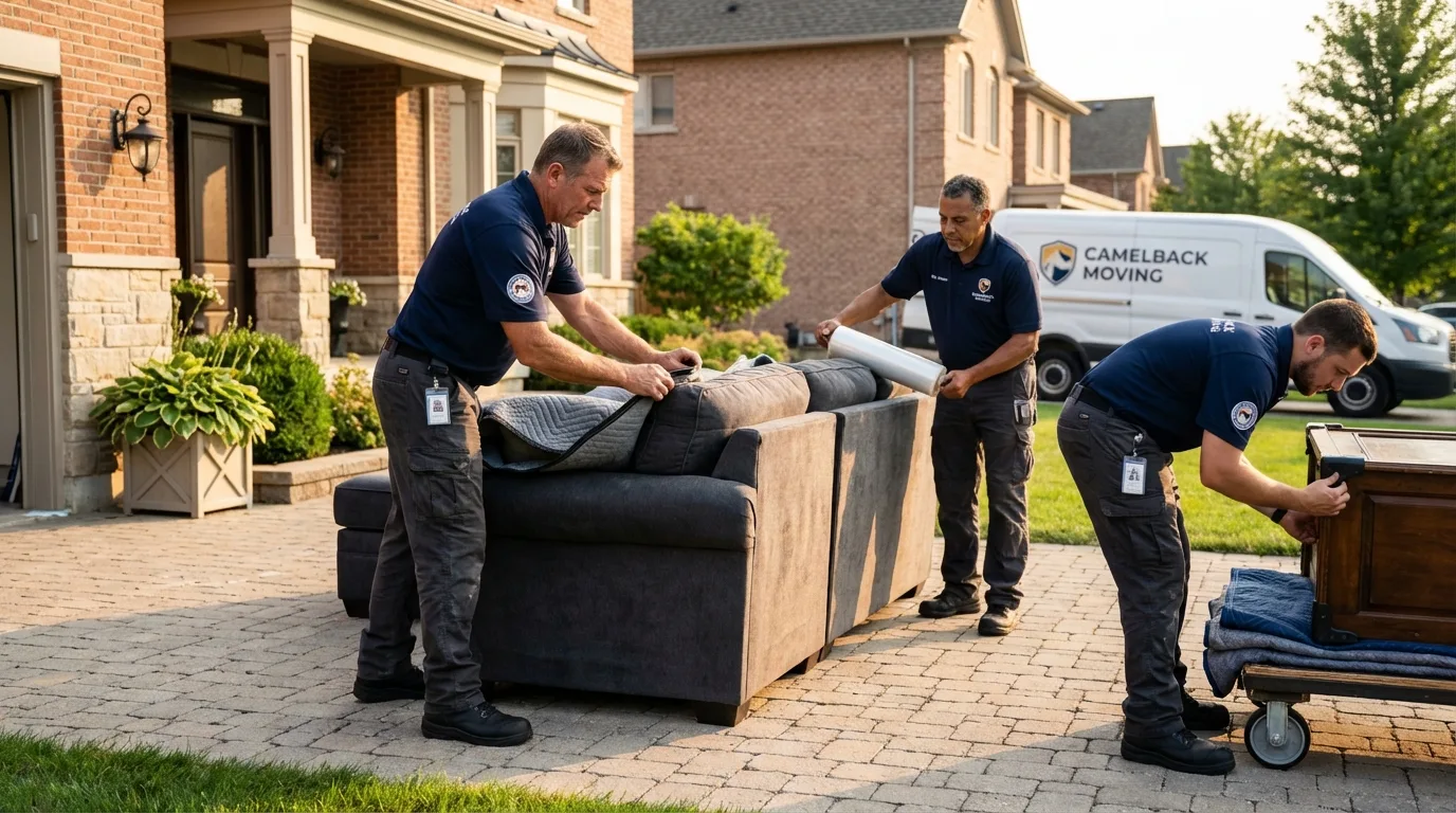 Large estate moving crew wrapping furniture in Rockport, MA