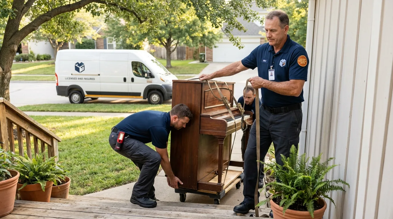 Licensed piano movers securing grand piano in Rockport, MA