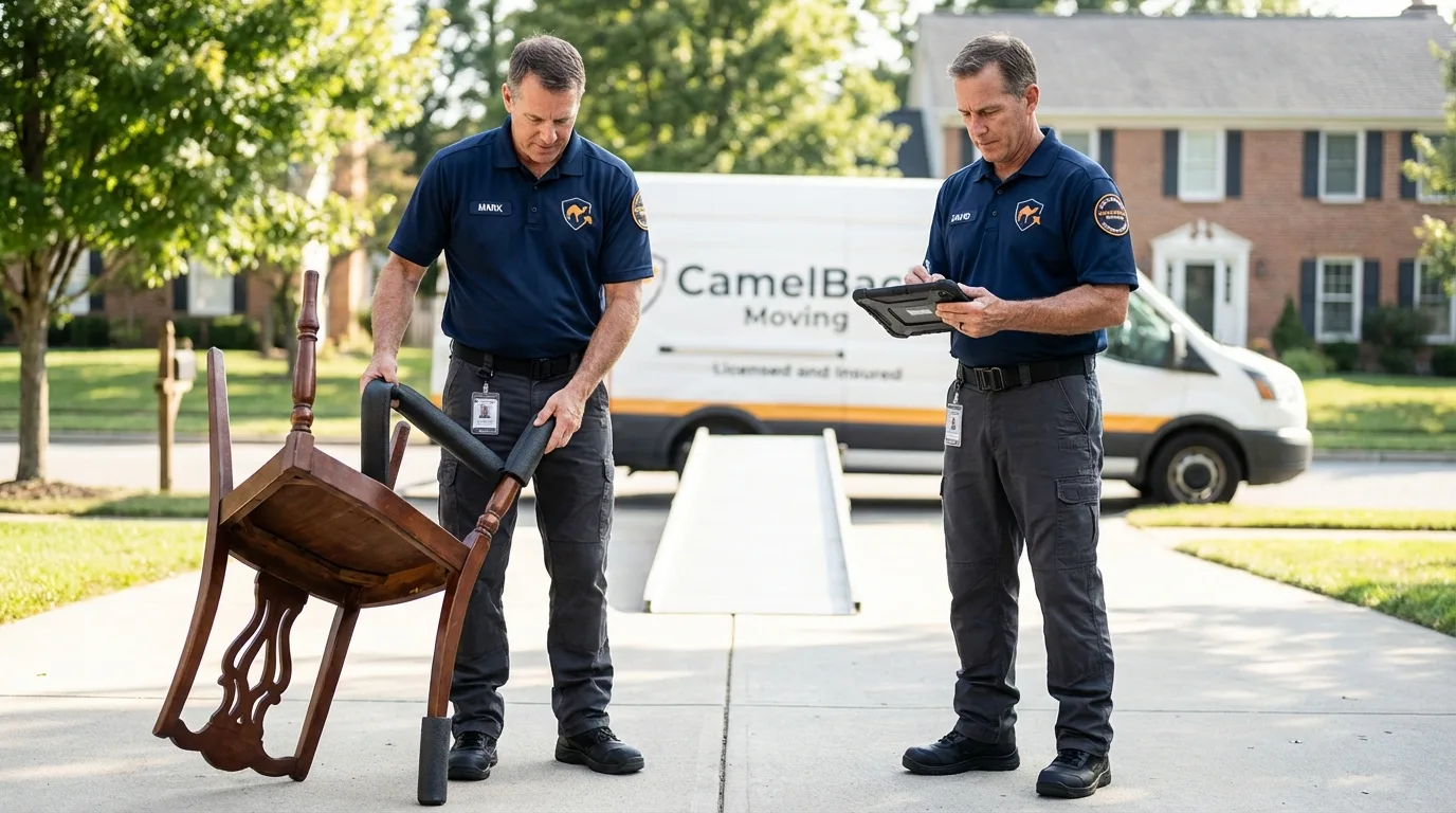 Movers inspecting furniture for damage prevention before loading in Rockport, MA