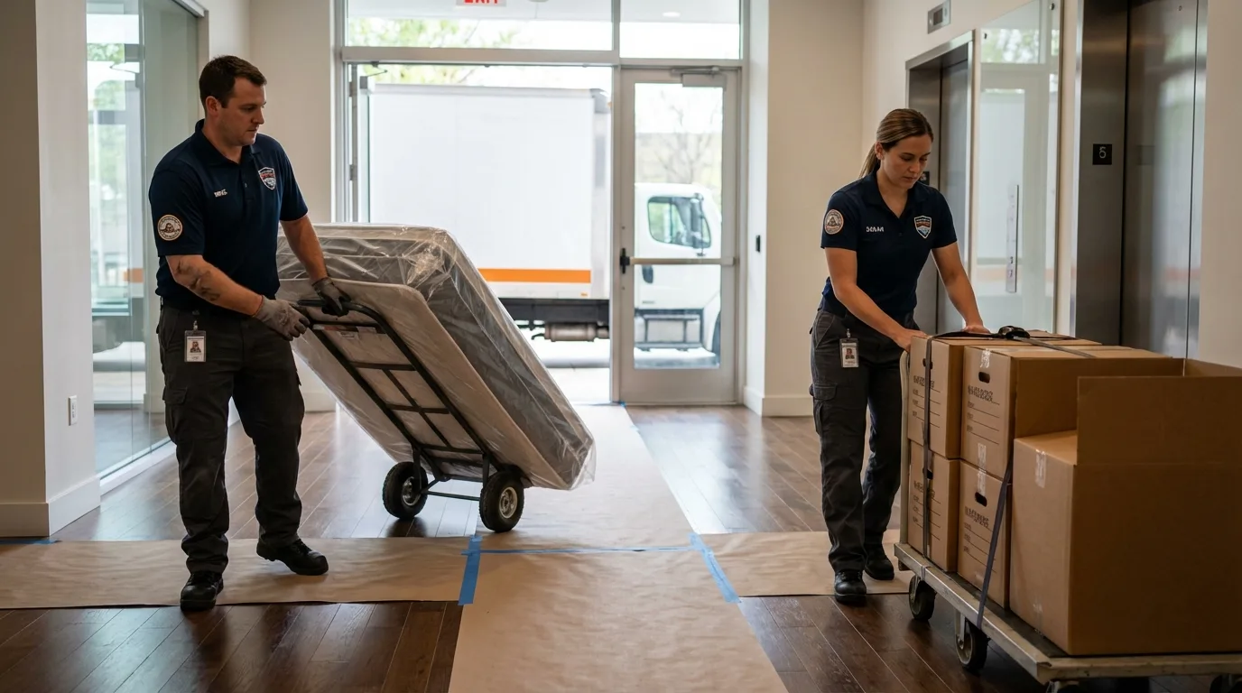 Professional apartment movers loading elevator in Rockport, MA