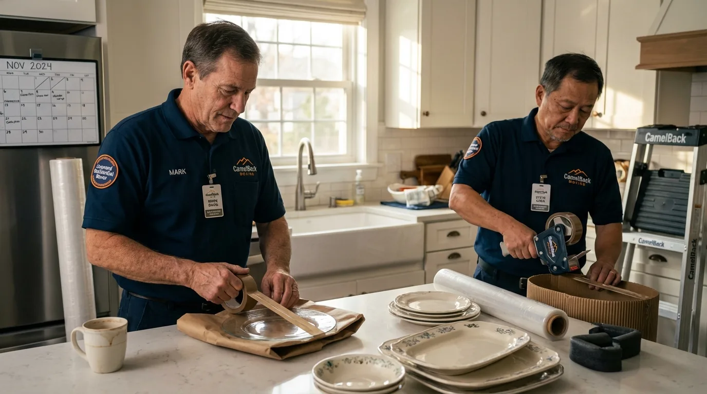 Professional crew packing kitchen dishware in Rockport, MA